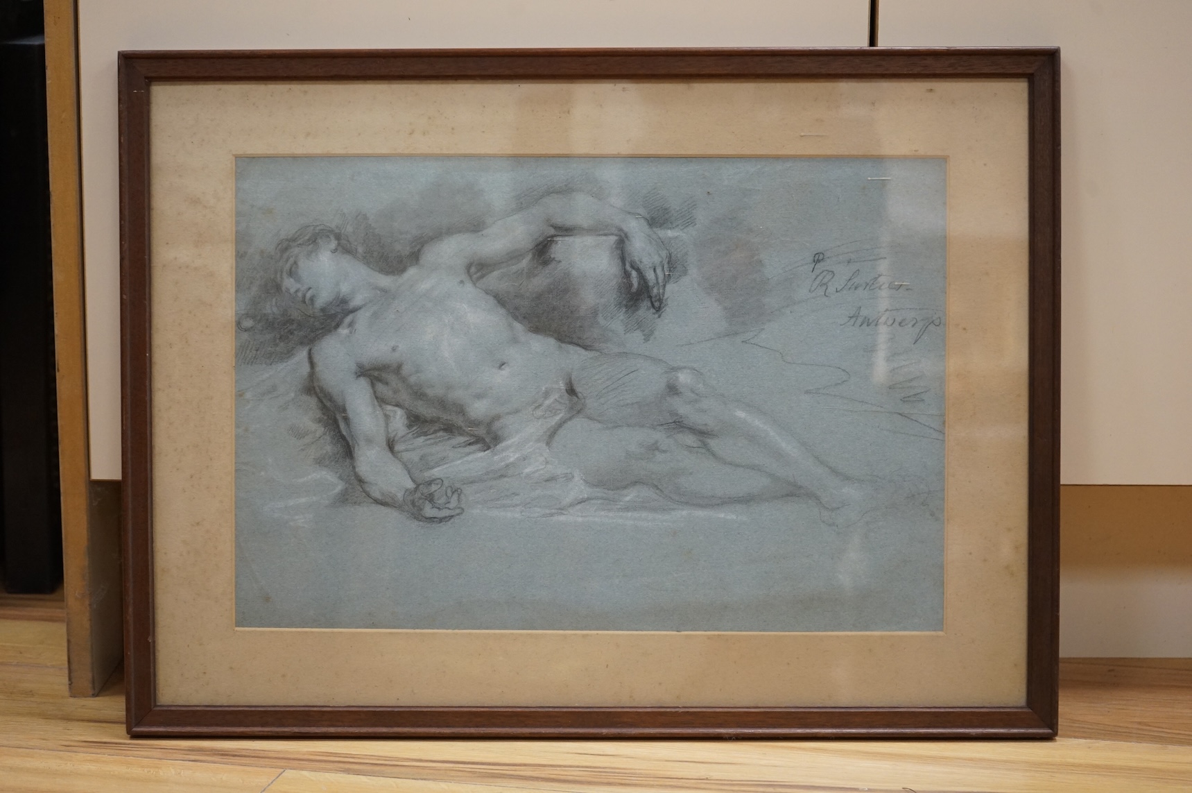Attributed to Robert Surtees (1737-1802), Reclining male figure, chalk and charcoal on paper, signed and inscribed Antwerp, 30 x 44cm